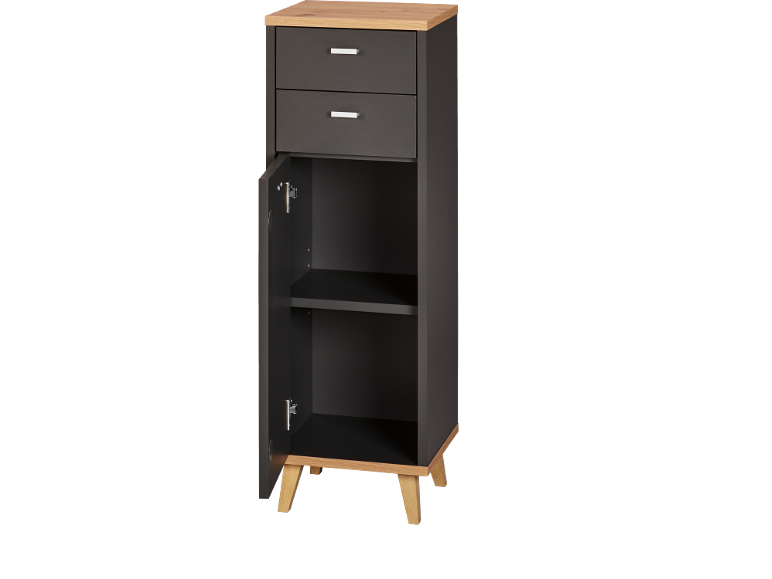 Dark grey storage cabinet with two drawers and a door, on light wooden legs.