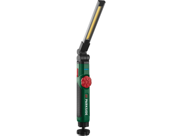 A green and black LED work light with a rotating head and a red adjustment knob.