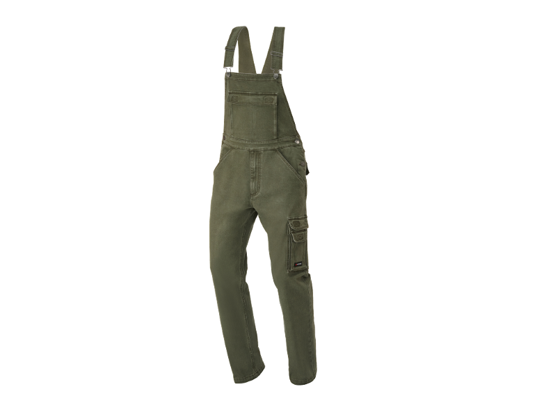 Olive green work overalls with a chest pocket and adjustable straps.