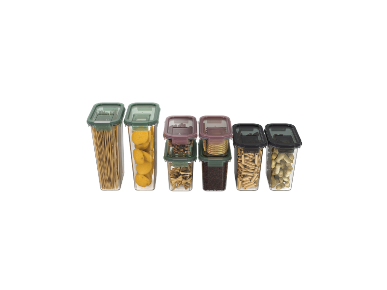 Food storage containers with spaghetti, cookies, coffee beans, pasta, and peanuts.