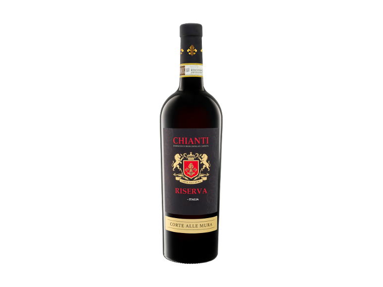 Chianti Riserva red wine bottle with a black label and gold details.