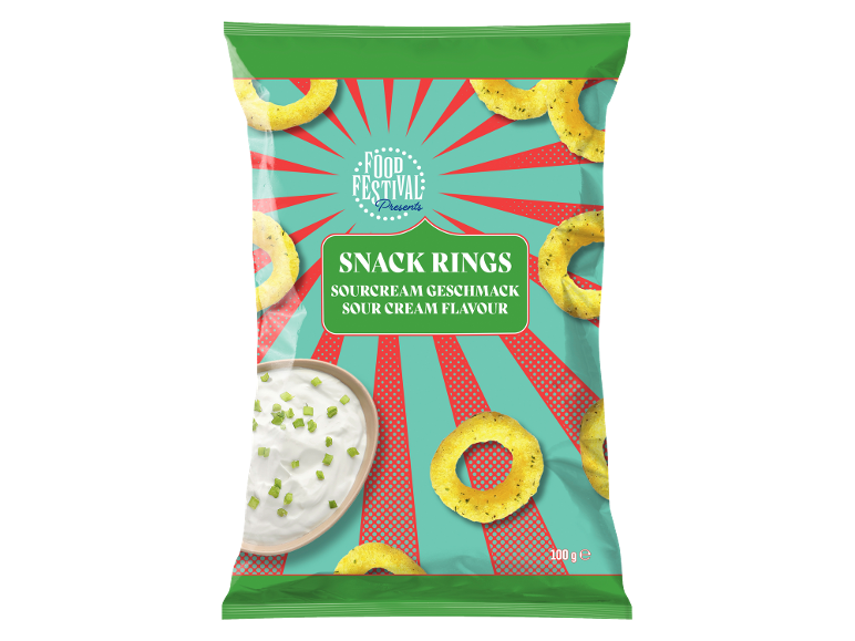 Bag of sour cream flavored snack rings, with a bowl of dip.