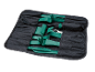 Trim removal tool set, including green plastic pry tools and a metal tool, in a black roll-up pouch.
