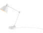 White desk lamp with an adjustable arm and an illuminated bulb.