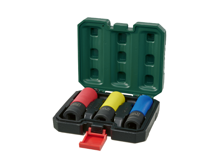 Set of three colored impact sockets (red, yellow, blue) in an open green case.