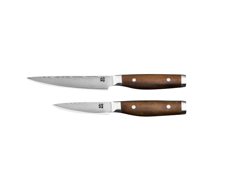 Two kitchen knives with wooden handles and Damascus blades, featuring Asian characters.