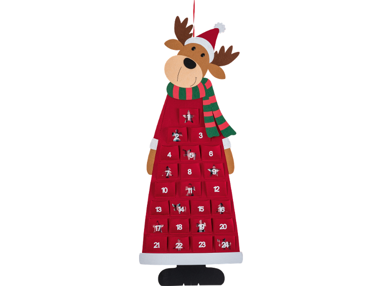 Christmas reindeer-shaped advent calendar with 24 pockets.