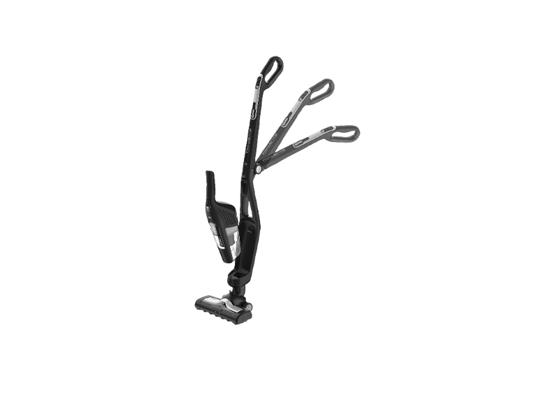 Black cordless stick vacuum cleaner with multiple handle positions shown.