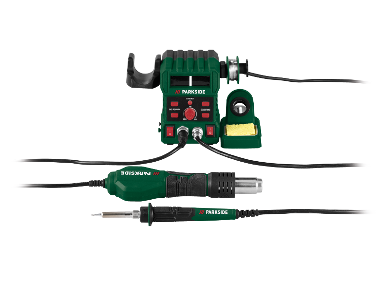 Soldering and rework station with soldering iron and hot air gun.