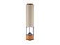 Electric salt or pepper mill in beige with wooden accents.