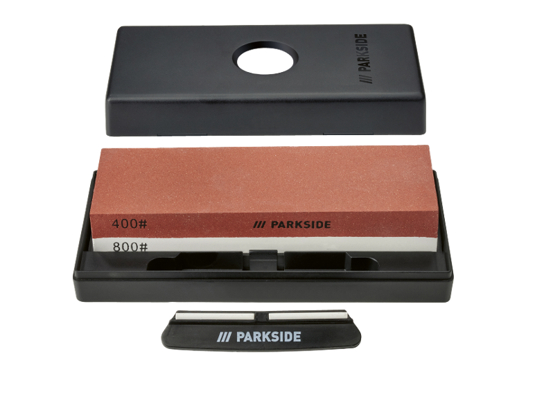 Double-sided sharpening stone with 400# and 800# grit in a black case.