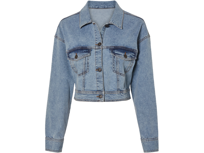 Women's blue denim jacket with metal buttons and chest pockets.