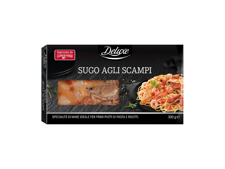 Black packaging of seafood sauce, with images of the sauce and a spaghetti dish.