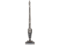 Cordless stick vacuum cleaner in metallic grey with a transparent dustbin.