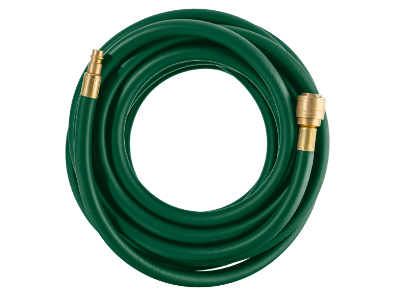 Green garden hose coiled in a circle, with brass fittings at the ends.