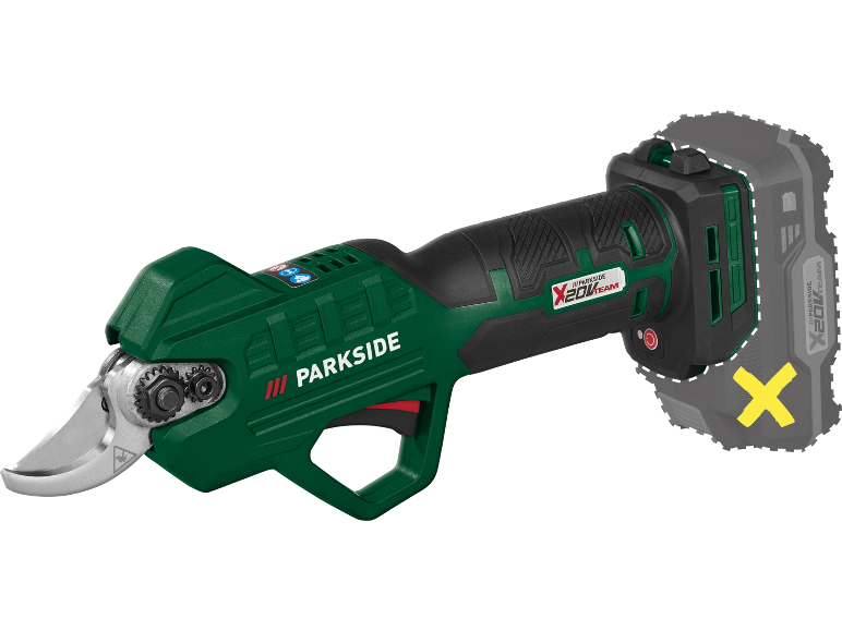 Cordless pruning shears with a detachable battery.
