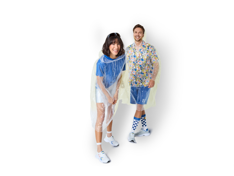 Two people in transparent rain ponchos, summer t-shirts, and shorts.