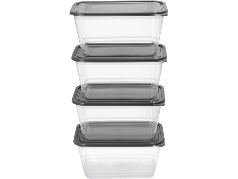Five stacked clear and grey plastic food containers with lids.