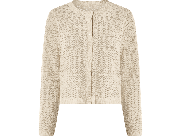 Light beige long-sleeved openwork knit cardigan with buttons.