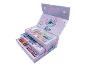 Purple Stitch-themed drawing case with paints, markers, and crayons.