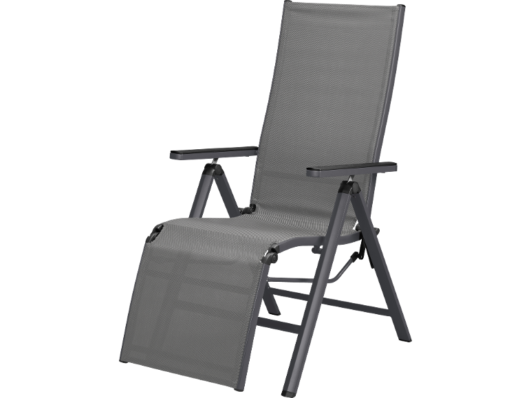 Grey folding sun lounger with armrests and footrest