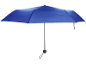 Open blue umbrella with a black handle and cord.