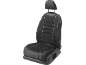 Black car seat with a seat cover and headrest.
