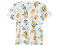 White children's t-shirt with a repeated cartoon character pattern and 'BLUEY & BINGO' text.