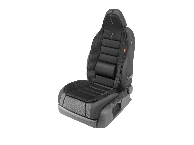 Black car seat with lumbar support cushion and seat cover