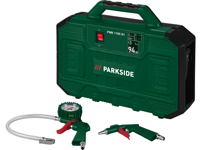 Green portable compressor with pressure gauge and blow gun, 94 dB
