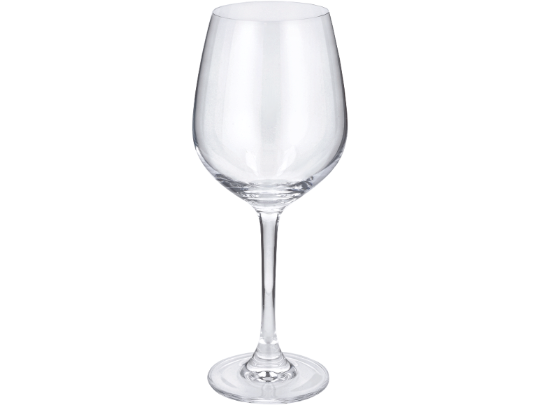 Empty clear glass wine glass with a long stem and round base.