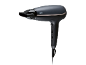Black and grey hairdryer with a nozzle, temperature and speed controls.