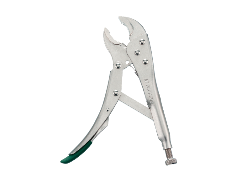 Silver locking pliers with green handles and serrated jaws.