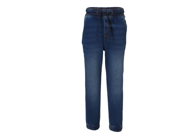 Kids' dark blue denim jogger with a drawstring.