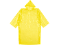 Yellow hooded rain poncho on a black background.