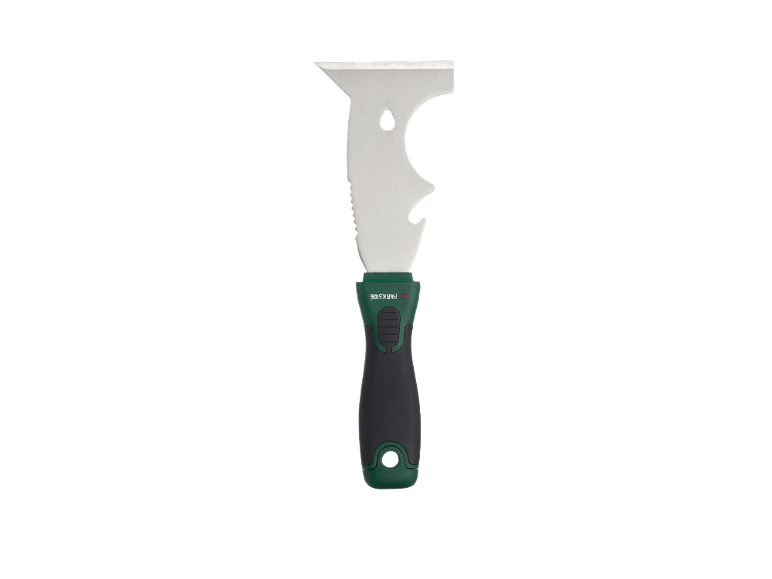 Multi-function scraper with a green and black handle.