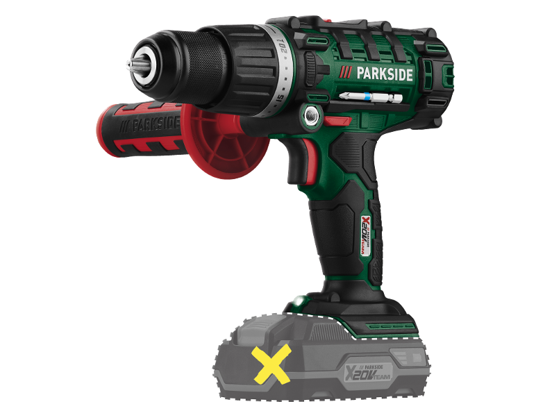 Cordless drill with an auxiliary handle and a battery that is not included.