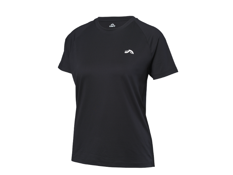 Black short-sleeved sports t-shirt with a small white logo on the chest.