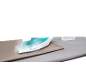 Steam ironing clothes on an ironing board with an iron and water container.