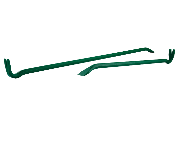 Two green pry bars, one with a claw end and the other with a chisel end.