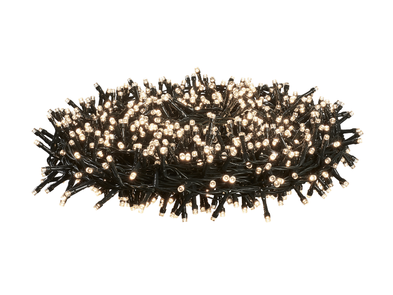 Warm white LED Christmas lights on a black background.