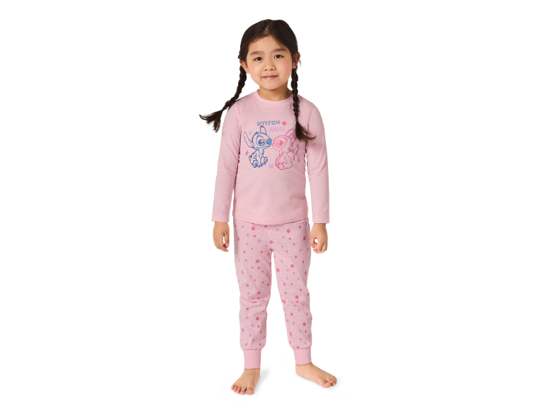 Pink children's pajama set with Stitch and Angel prints, and stars.