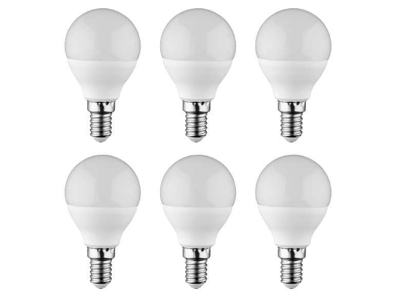 Six white E14 screw-in LED light bulbs on a black background.