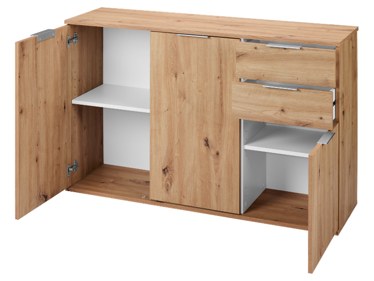Wooden chest of drawers with open doors and drawers, showing interior shelves.
