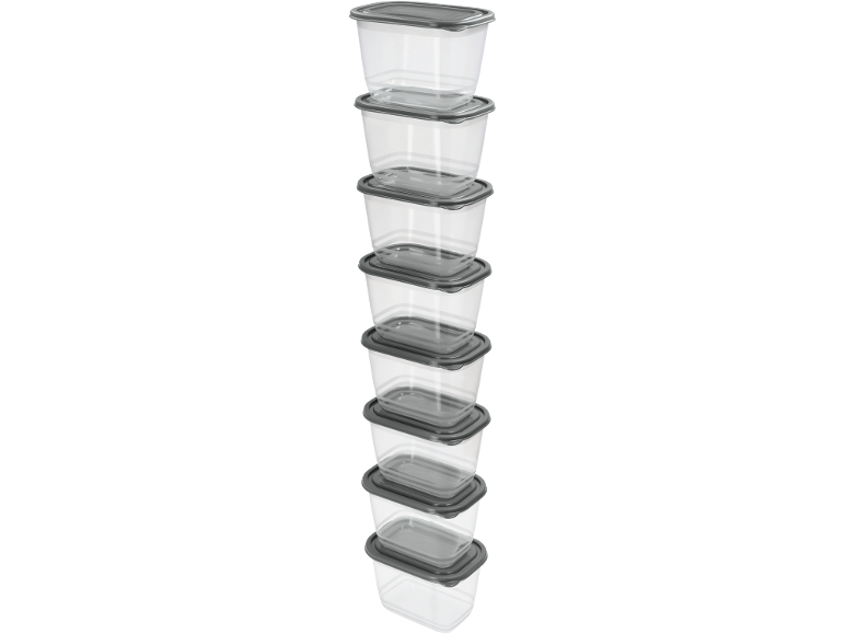 Stack of clear plastic food containers with gray lids, nested from largest to smallest.