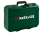 Green tool case with a black handle and red latches.