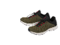 A pair of olive green mesh sports shoes with red and black details.