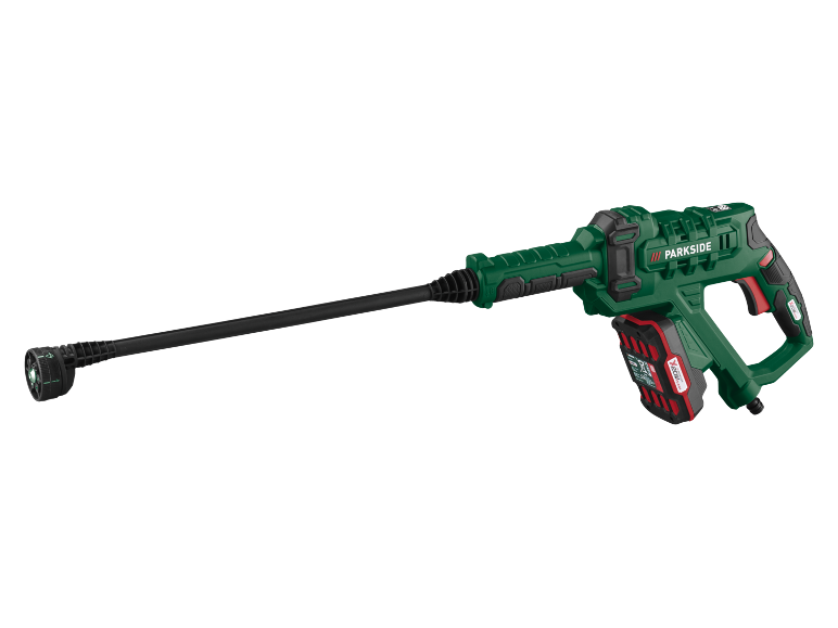 Green cordless pressure washer with red and black battery