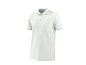 White short-sleeved polo shirt with light brown trim on collar and sleeves