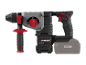 Cordless rotary hammer drill with a removable battery pack and an auxiliary handle.